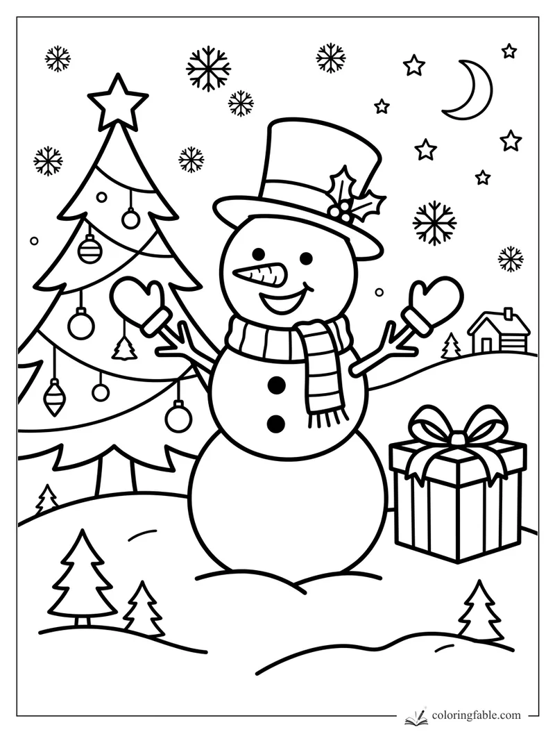 Cartoon snowman with top hat, mittens, scarf, gift box, Christmas tree, moon, stars, and snowflakes.