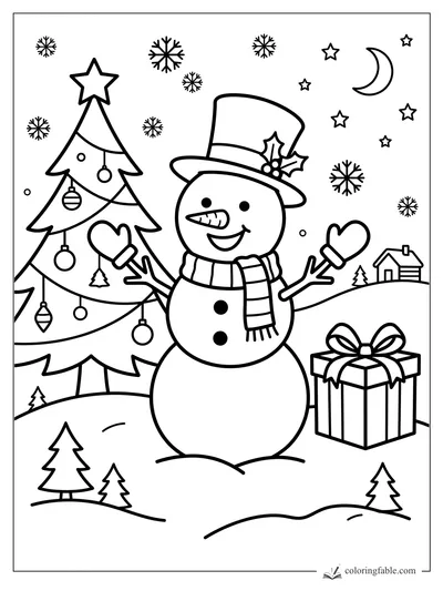 Cartoon snowman with top hat, mittens, scarf, gift box, Christmas tree, moon, stars, and snowflakes.