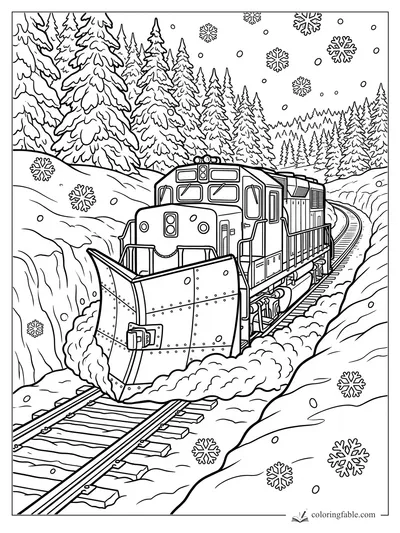 Snowplow train clearing snowy tracks through a pine forest with large falling snowflakes
