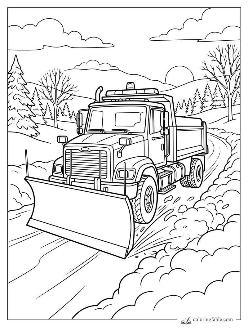 Snowplow truck clearing a winding mountain road with pine trees, bare branches, clouds, and a low sun.