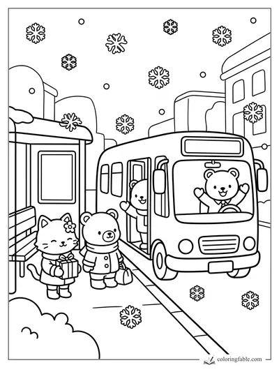 Cozy winter bus stop with bear driver, waving passenger, kitten holding a gift, and falling snowflakes.