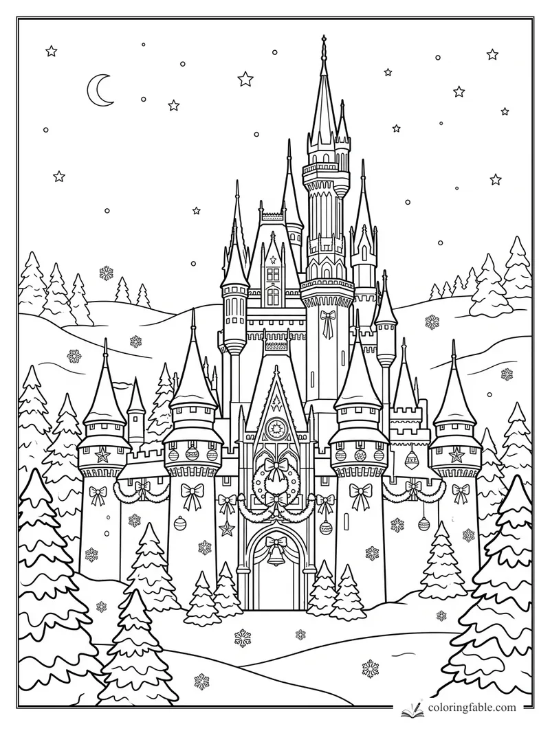 Winter castle coloring page with tall spires, pine trees, snowflakes, stars, and a crescent moon