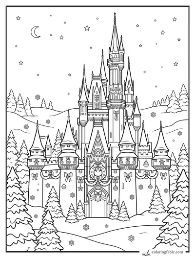 Winter castle coloring page with tall spires, pine trees, snowflakes, stars, and a crescent moon