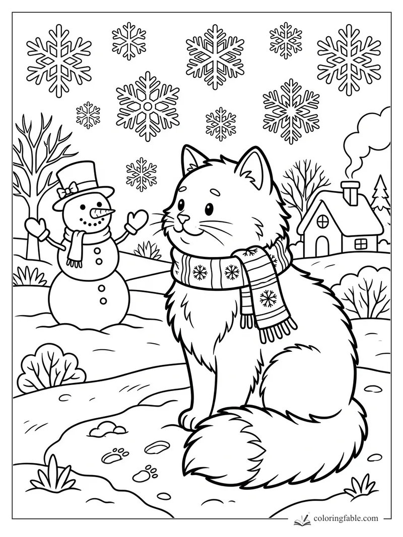 Cartoon cat in a snowflake scarf beside a snowman, snowy cottage, bare trees, and falling snowflakes.