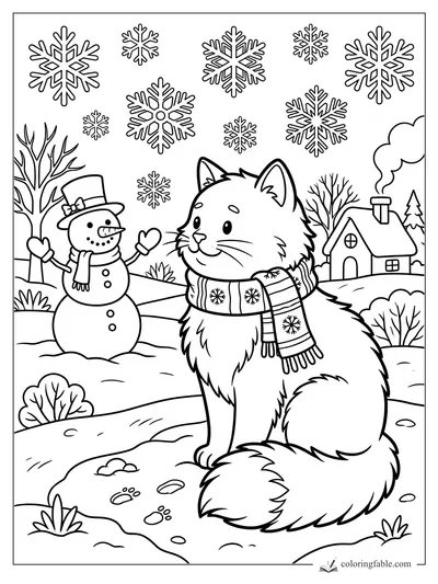 Cartoon cat in a snowflake scarf beside a snowman, snowy cottage, bare trees, and falling snowflakes.