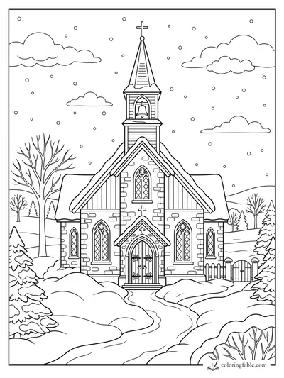 Realistic Christmas church with steeple, bell, snowy path, bare trees, evergreens, clouds, and falling snow
