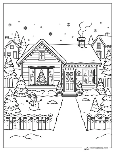 Christmas house coloring page with snowy roof, lit trees, wreath, snowman, fence, and falling snowflakes.