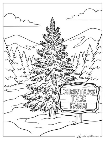 Realistic snowy Christmas tree farm with fir trees, mountain hills, clouds, and a wooden sign