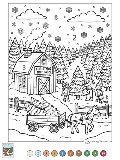 Snowy Christmas Tree Farm Wagon Ride — color by number