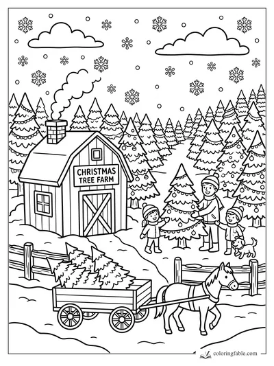 Cartoon Christmas tree farm with barn, horse wagon, decorated pines, falling snow, family, and dog.