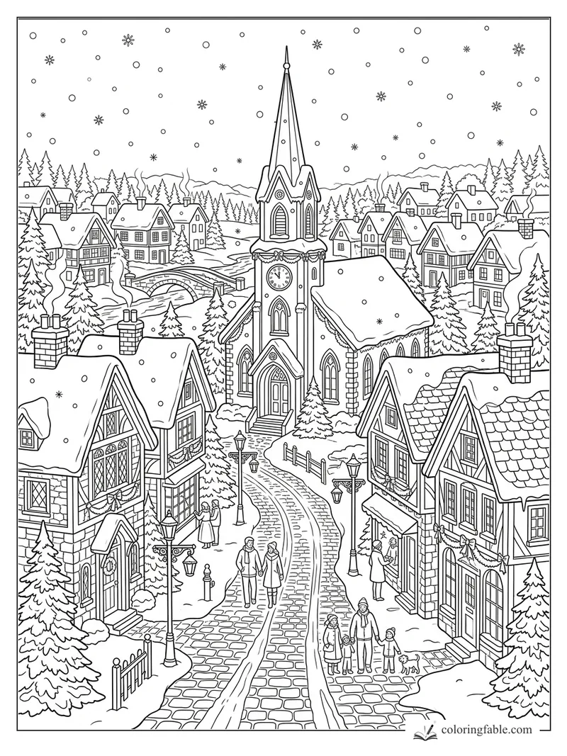 Intricate Christmas village street with clock tower church, snowy rooftops, pine trees, and strolling families