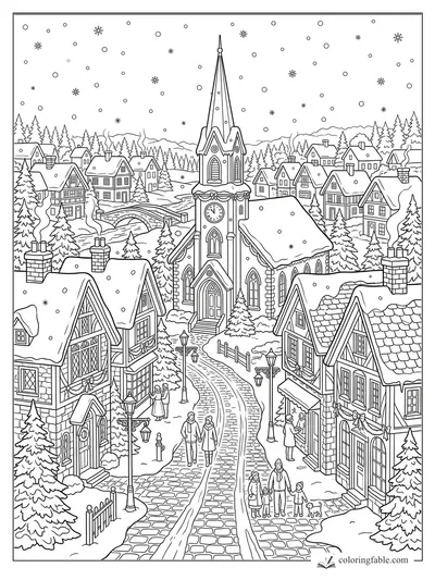 Intricate Christmas village street with clock tower church, snowy rooftops, pine trees, and strolling families