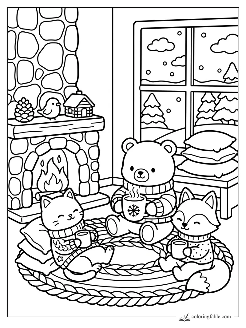Bear, cat, and fox sipping cocoa on a braided rug beside a stone fireplace and snowy window.