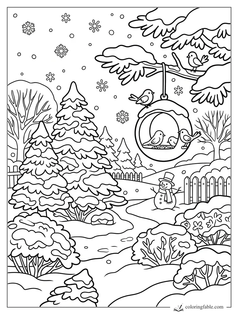 Snowy garden coloring page with birds, pine trees, snowflakes, a hanging feeder, fence, and snowman.