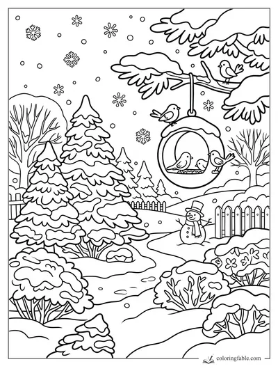 Snowy garden coloring page with birds, pine trees, snowflakes, a hanging feeder, fence, and snowman.