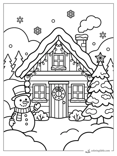 Easy coloring page of a snowy vacation cabin, waving snowman, decorated pine tree, wreath, and falling snowflakes.