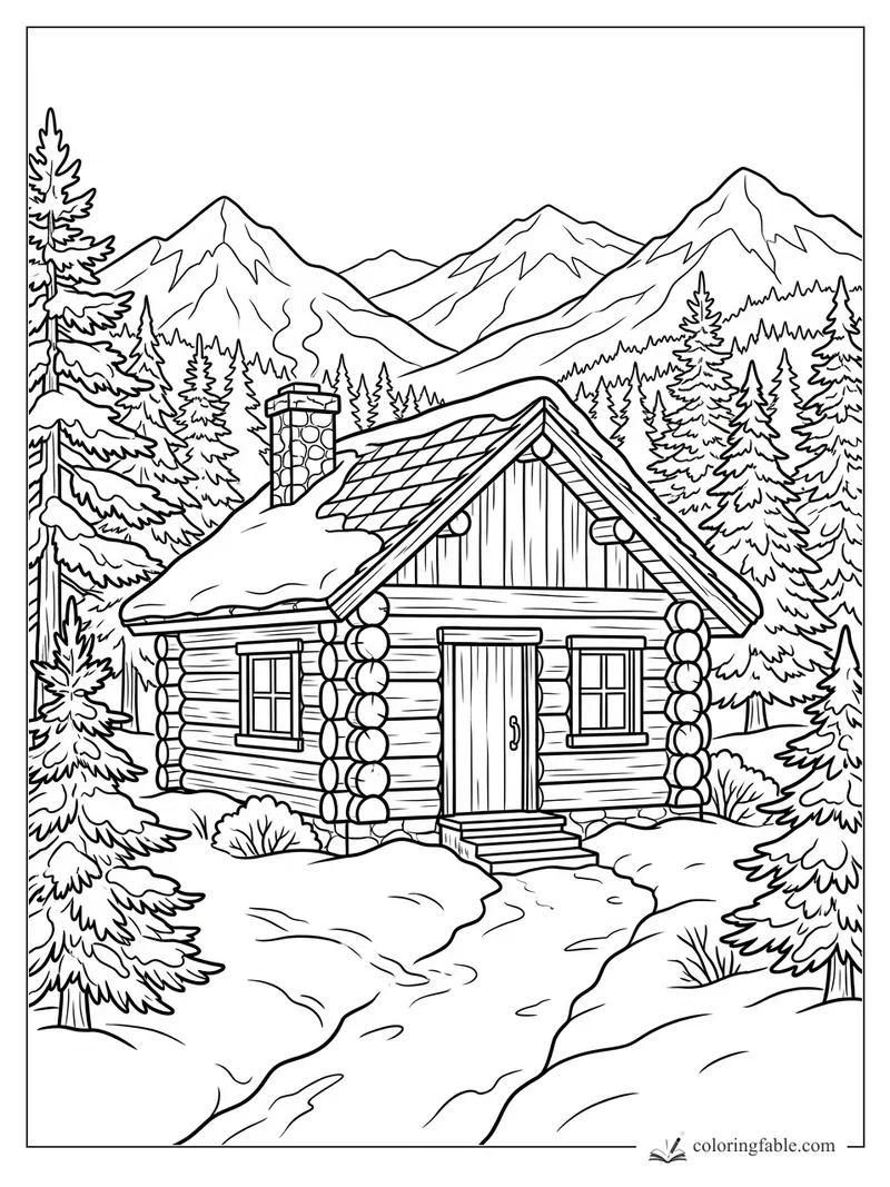 Snowy log cabin with chimney, pine trees, and tall mountain peaks coloring page