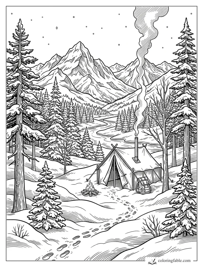 Intricate snowy mountain campsite with two tents, campfire, smoke, footprints, pines, and winding river