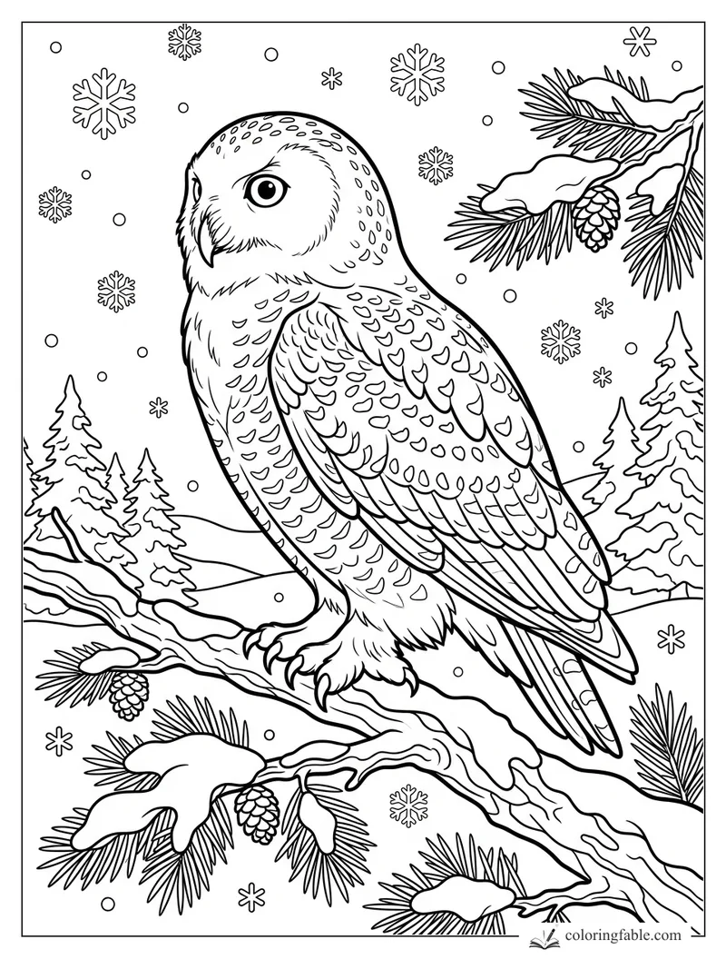 Realistic snowy owl perched on a snow-covered pine branch with pine cones, evergreens, and falling snowflakes.