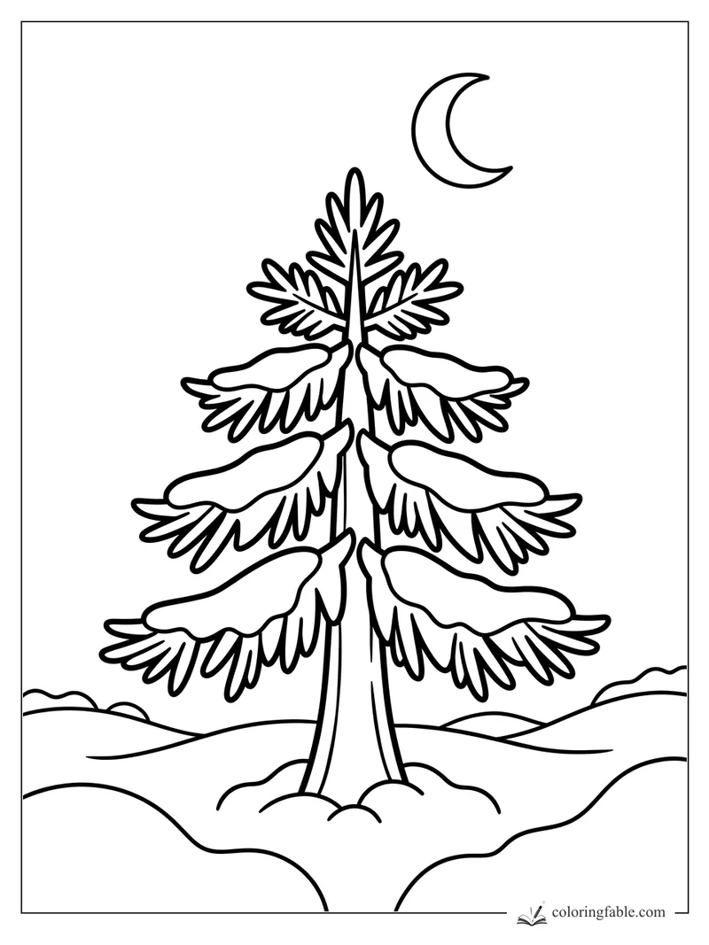 Easy coloring page of a snow-covered pine tree under a crescent moon in rolling hills