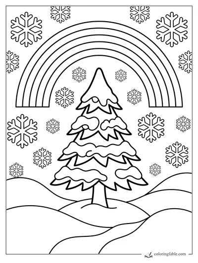 Minimalist rainbow over a snow-covered pine tree with falling snowflakes and rolling snowdrifts