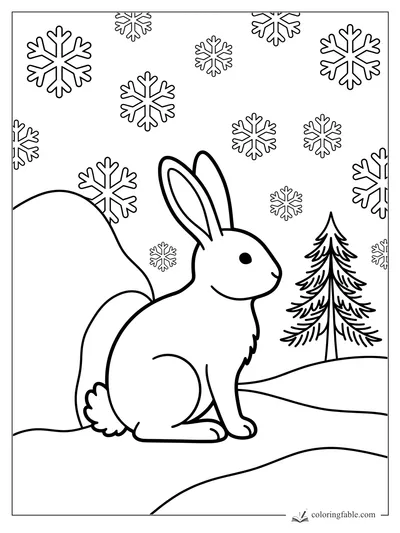 Minimalist rabbit sitting in falling snow beside a pine tree and rolling winter hills
