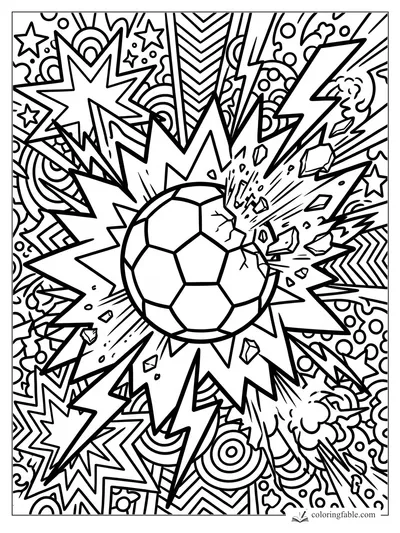 Soccer ball bursting through jagged pop-art lightning, stars, circles, and comic debris
