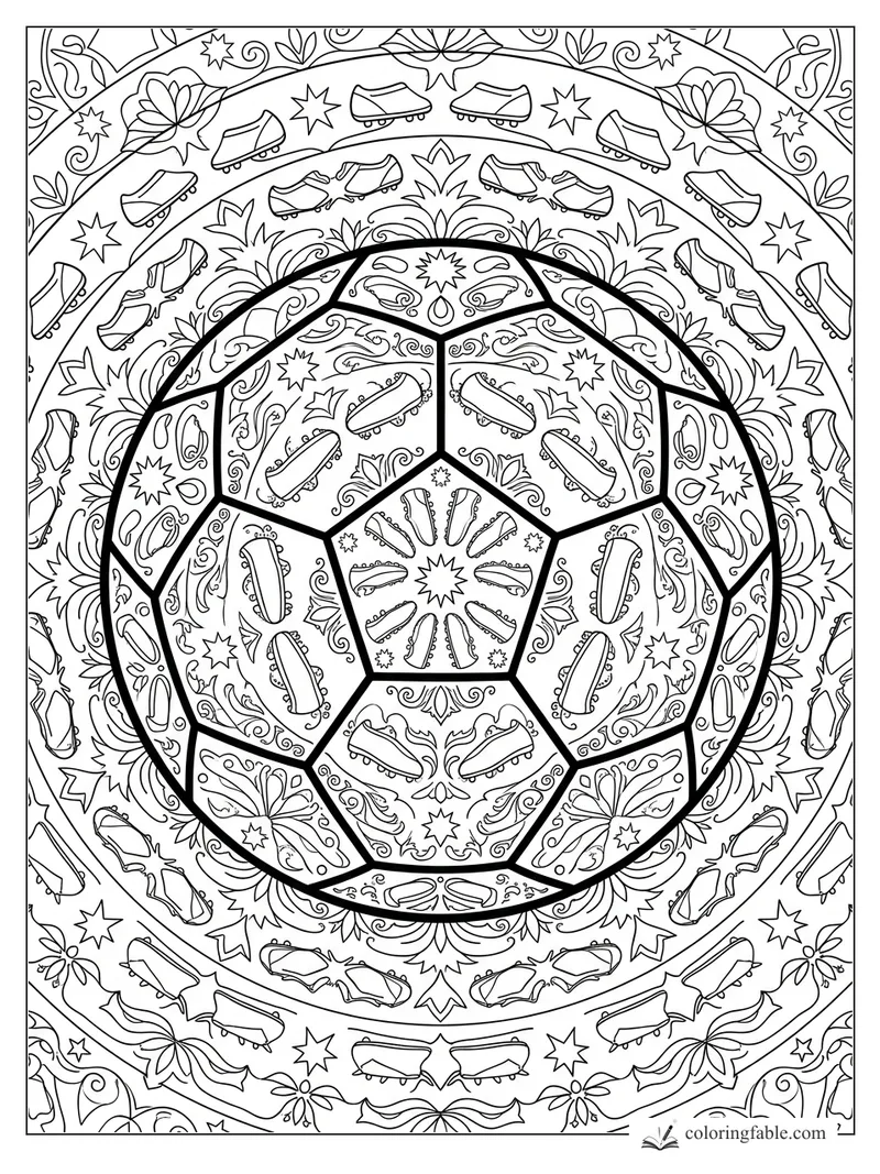 Intricate soccer ball mandala with cleats, starbursts, paisley curls, and floral rings