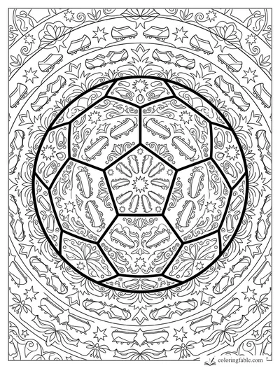 Intricate soccer ball mandala with cleats, starbursts, paisley curls, and floral rings