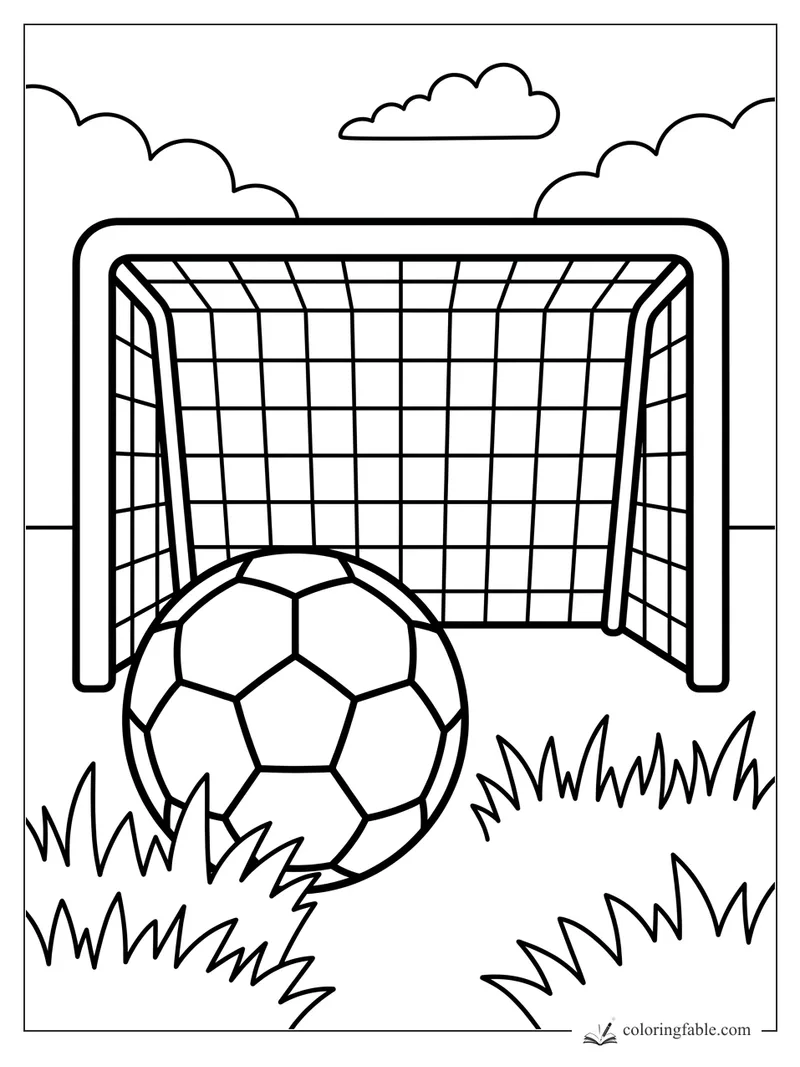 Bold soccer coloring page with a ball in grass before a goal net and clouds.