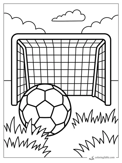 Bold soccer coloring page with a ball in grass before a goal net and clouds.