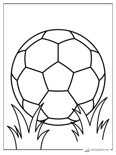 Easy soccer ball coloring page with large panels and tall grass blades