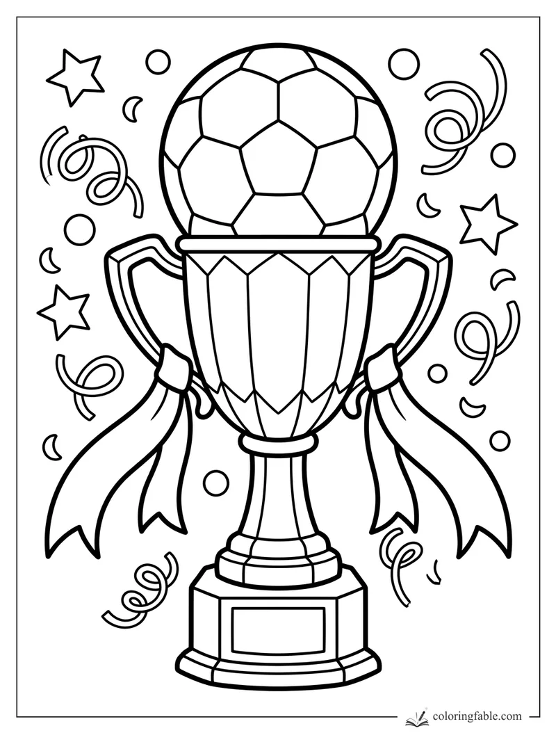 Soccer ball trophy with side ribbons, stars, circles, and curling confetti for coloring