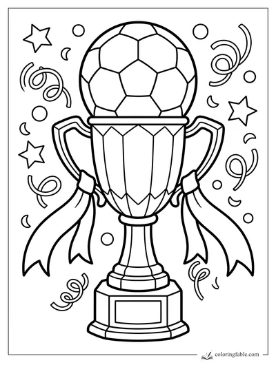 Soccer ball trophy with side ribbons, stars, circles, and curling confetti for coloring