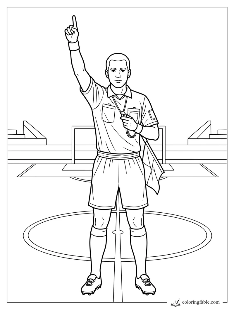 Soccer referee at the center circle raising one finger, holding a whistle and assistant flag.