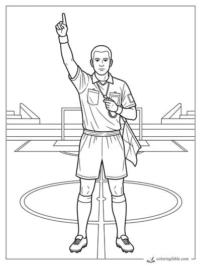 Soccer referee at the center circle raising one finger, holding a whistle and assistant flag.
