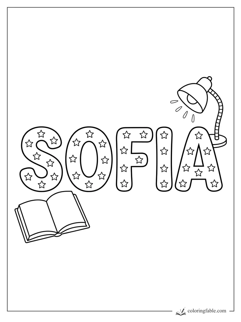 Sofia name coloring page with starry letters, an open book, and a shining desk lamp.