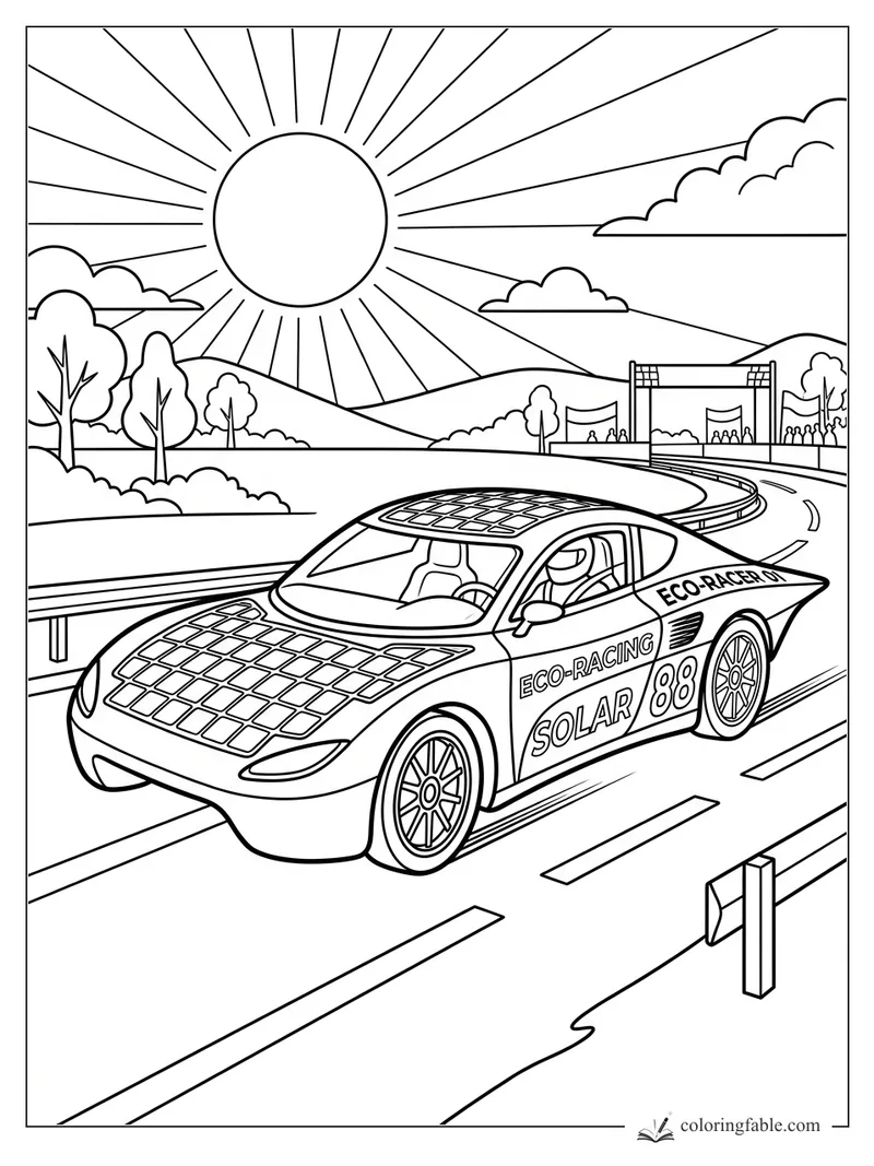 Solar 88 eco-racing car with roof panels driving on a sunny road track