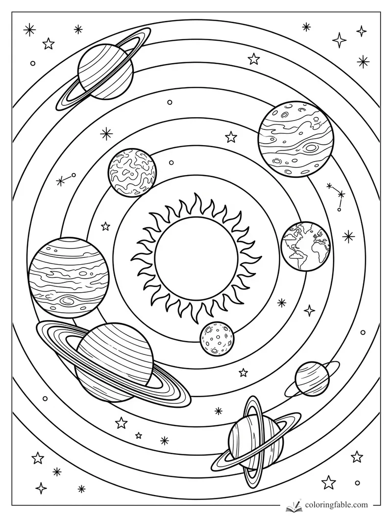Solar system coloring page with sun, planets, rings, curved orbits, stars, and small moons.