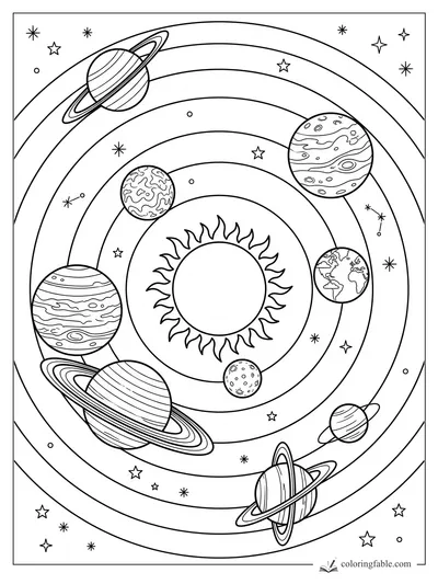 Solar system coloring page with sun, planets, rings, curved orbits, stars, and small moons.