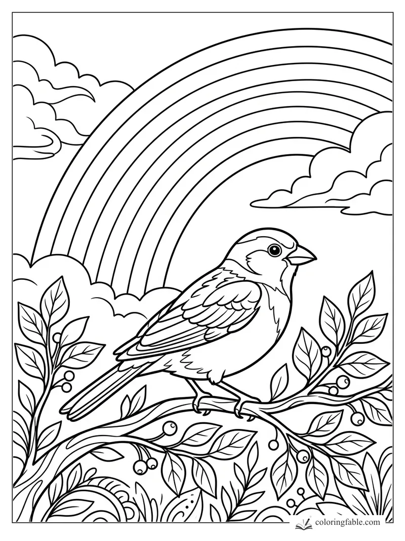 Songbird perched on a leafy berry branch under a wide rainbow and clouds coloring page