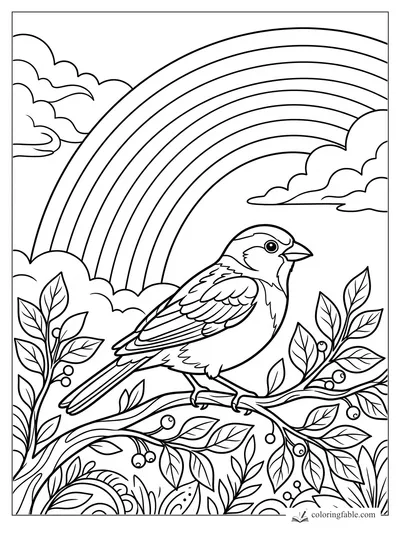 Songbird perched on a leafy berry branch under a wide rainbow and clouds coloring page