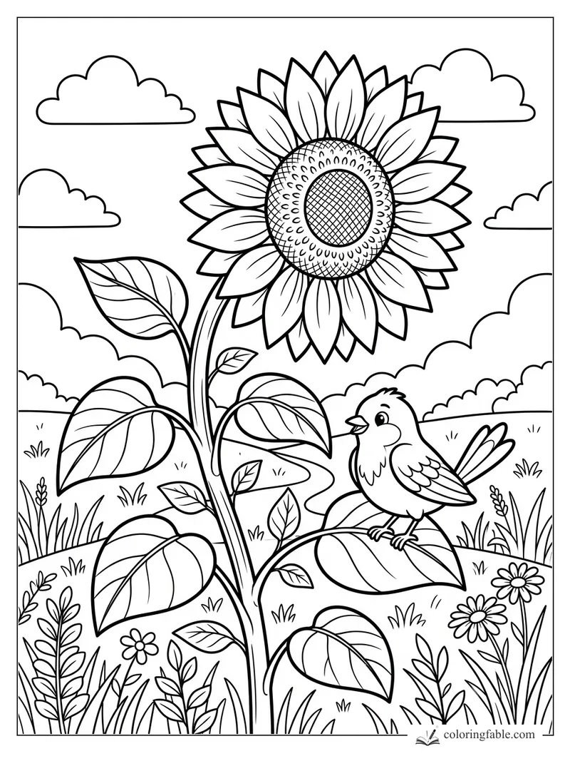 Cartoon songbird perched on a giant sunflower leaf in a meadow with clouds and small flowers