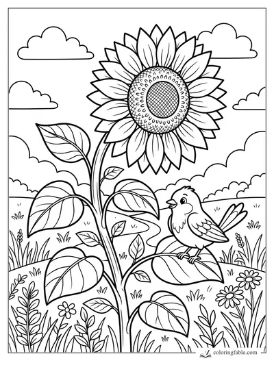 Cartoon songbird perched on a giant sunflower leaf in a meadow with clouds and small flowers