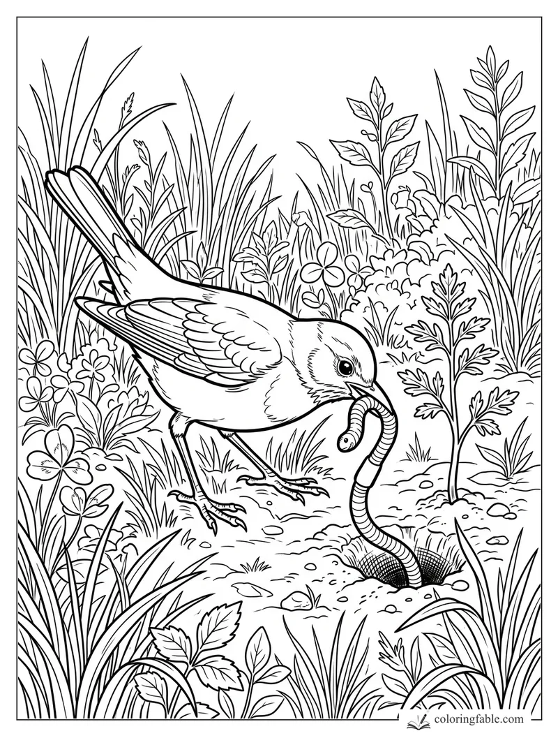 Songbird tugging a striped worm from a small hole among tall grass and wild meadow plants.