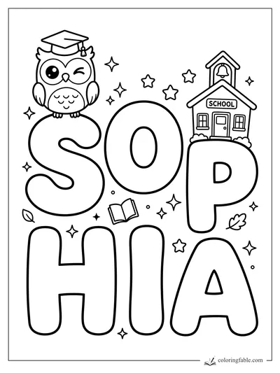 Kawaii Sophia name coloring page with winking graduate owl, schoolhouse, stars, book, and leaves.