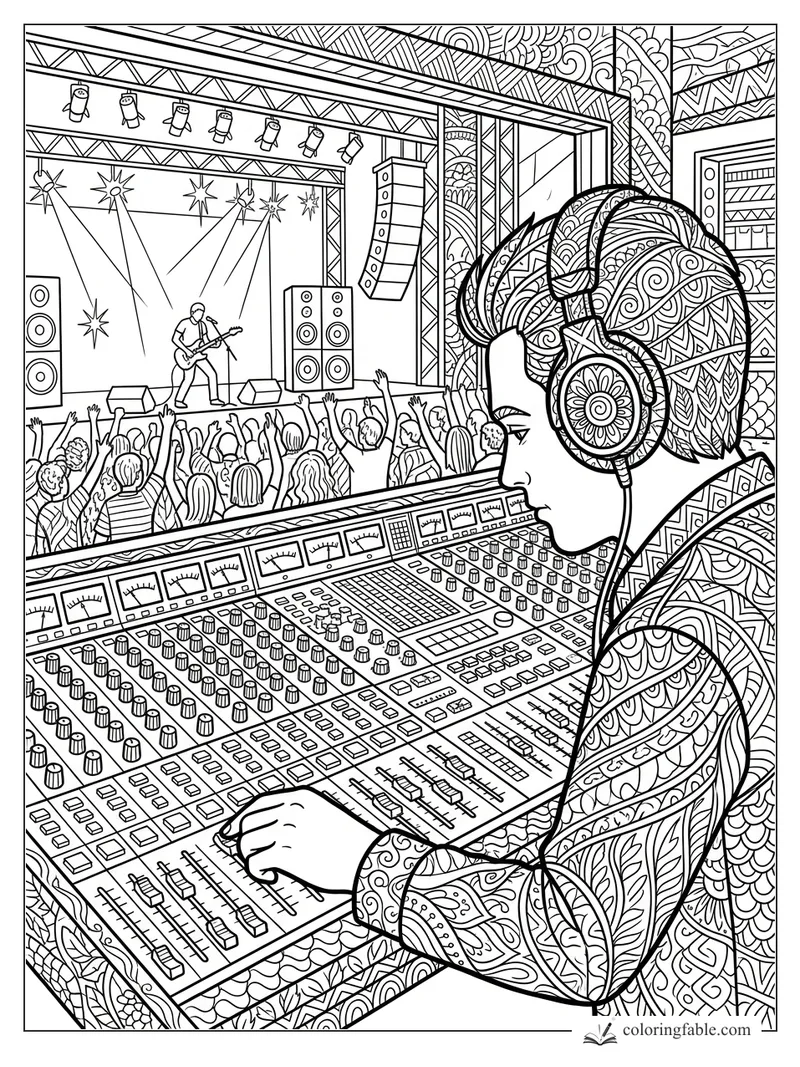 Intricate zentangle sound engineer at a mixing console watching a guitarist and cheering crowd on stage