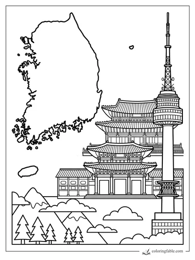 South Korea outline with traditional palace, N Seoul Tower, mountains, clouds, and pine trees coloring page