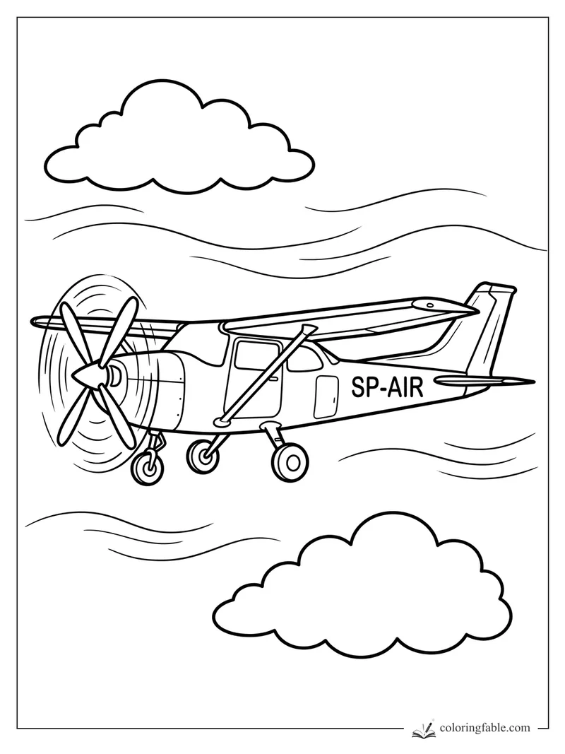 Easy coloring page of an SP-AIR propeller airplane flying between two clouds and wind lines.