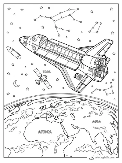 Space Shuttle Discovery, TDRS satellite, booster, stars, and constellations above Earth labeled Africa and Asia
